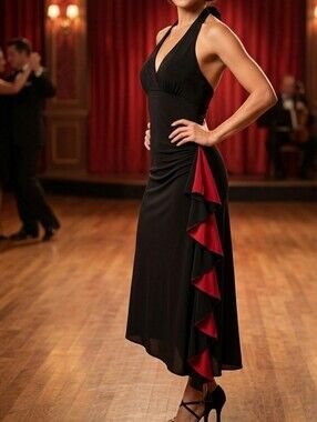 Vintage Entrancy Black Red Ruffle Halter Dress L Asymmetric Tango Y2K Made in US